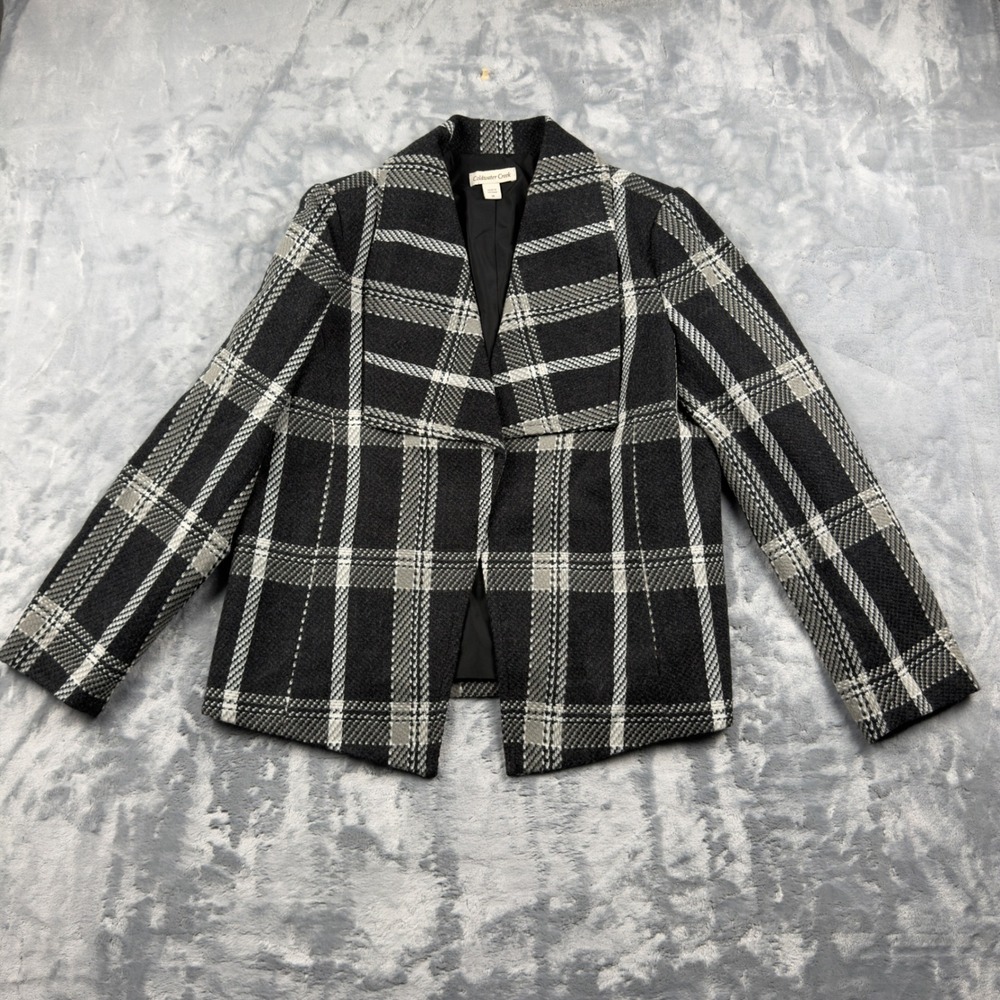 Coldwater Creek Womens Plaid Blazer Jacket Charcoal White Size 14 Snap Front